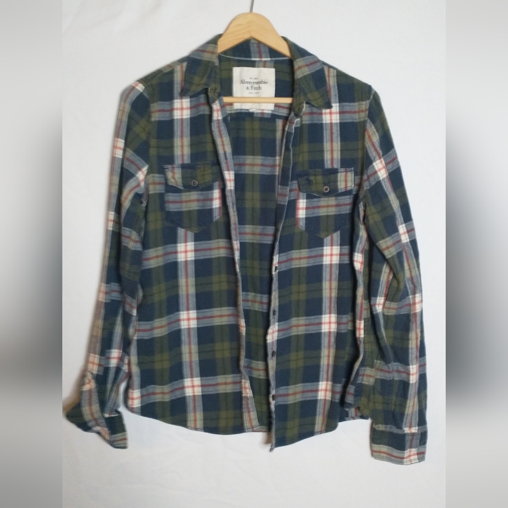 Abercrombie & Fitch Green and Blue Plaid Flannel Shirt Medium